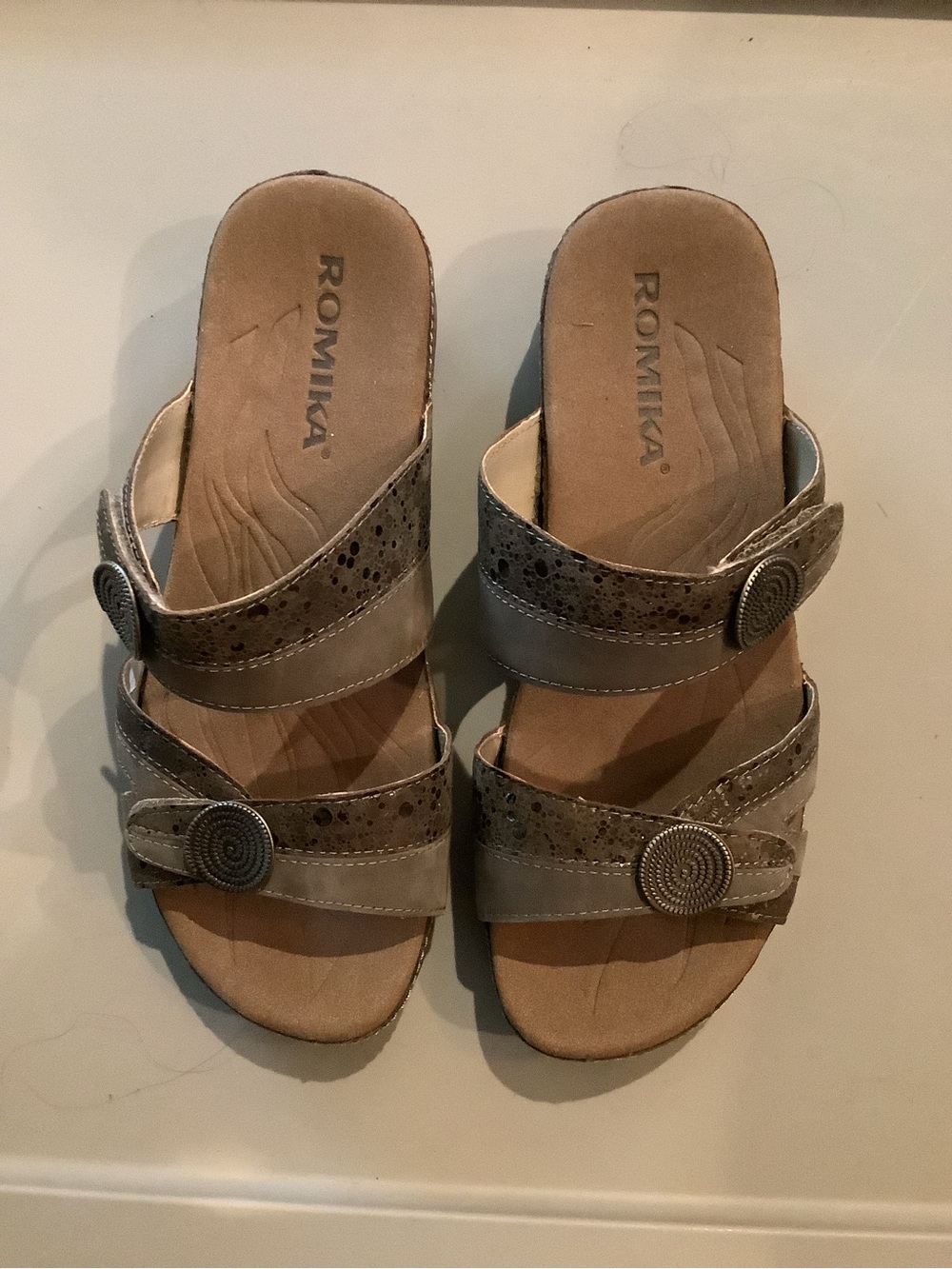 Romika Taupe Double-Strap Slide Mules with Decorative Medallions 37 Brand New